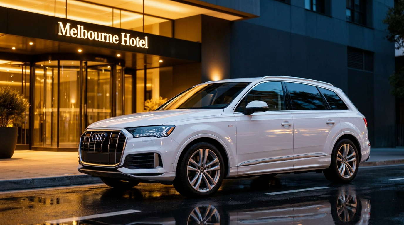 White Audi Q7 chauffeur vehicle outside a Melbourne hotel